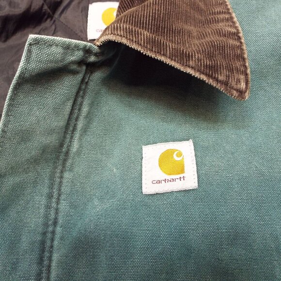 Vintage Carhartt Green Chore Work Jacket Brown Corduroy Collar Fits Like Medium - Picture 6 of 13